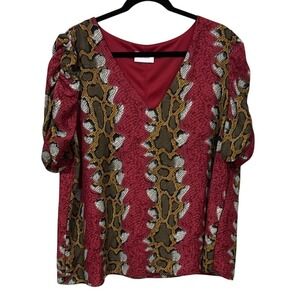 Adrienne Red Snake‎ Print Ruffled Puff Sleeve Blouse V Neck